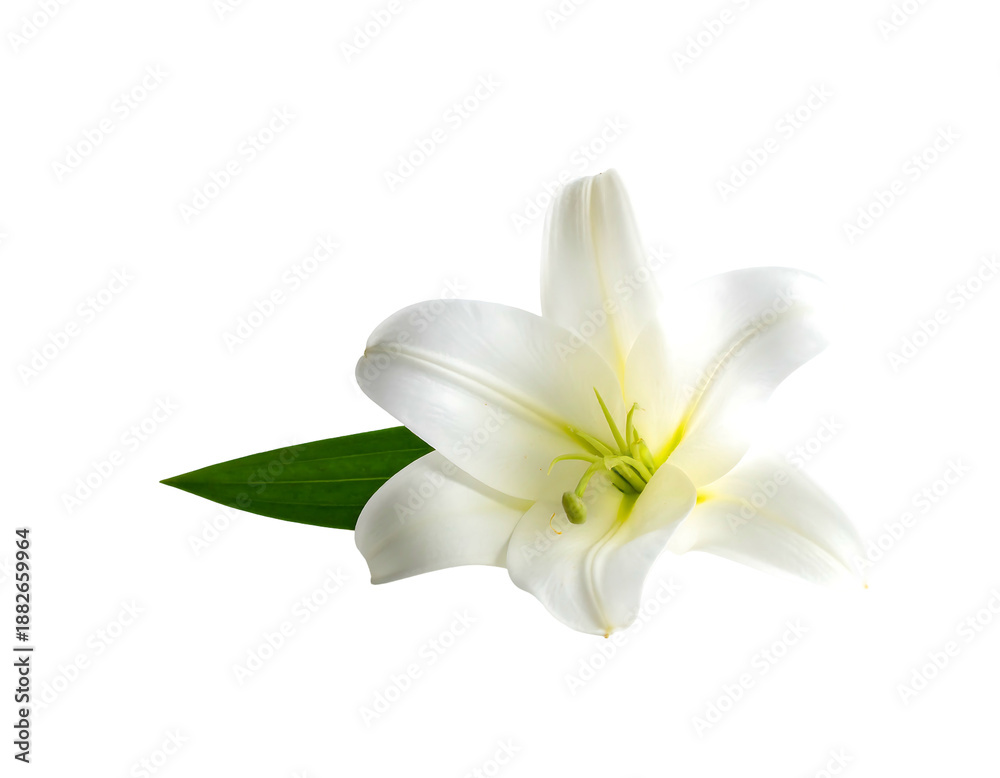 Fototapeta premium Delicate white lily with green leaf, isolated on black background