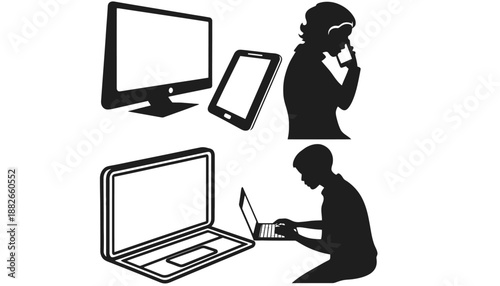 A person working on a laptop and using a phone with various devices around.