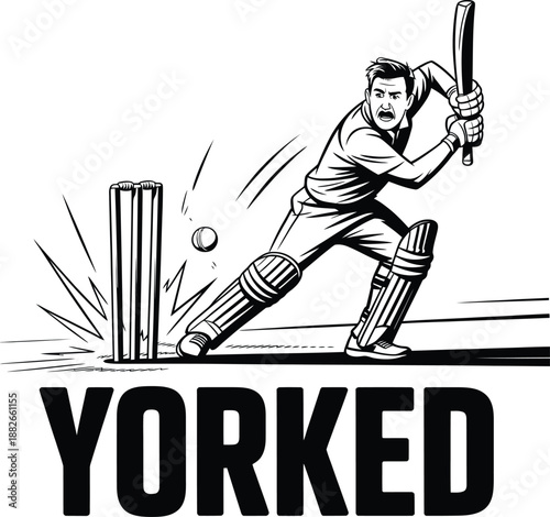 YORKER Reaction Vector: Cricket Batsman in Shocked Stance as Ball Hits Stumps and Bails Fly in Bold Black-and-White Moment.