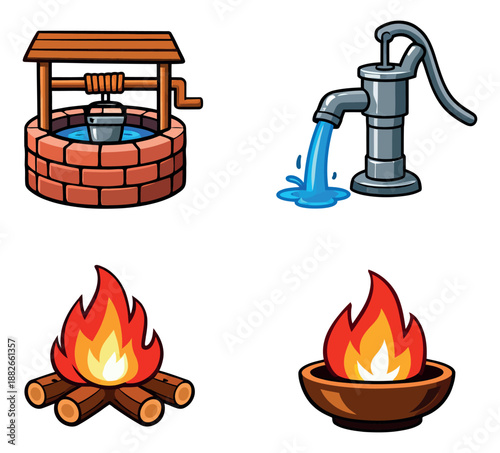 Cartoon style elements set featuring a water well, a hand pump, a bonfire, and a fire pit for natural resource and outdoor themes