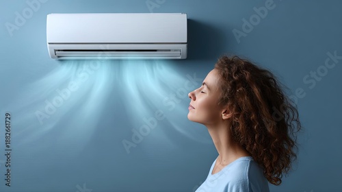 Comfort from air conditioner in living room concept. A woman enjoying cool air from a modern air conditioning unit.