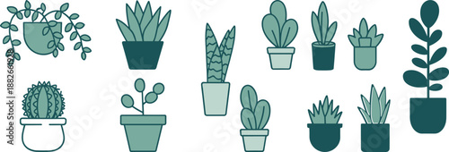 Minimal indoor houseplants illustration set, modern flat vector collection of potted succulents and leafy plants, botanical decor elements isolated on white
