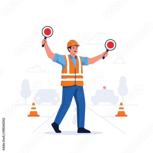 Man in orange vest directing traffic.