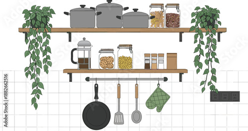 Modern kitchen shelving illustration featuring open wooden shelves with pots storage jars french press and trailing plants on a white tile wall