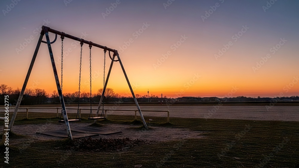 Fototapeta premium A metal swing set stands in a parklike setting at sunrisesunset