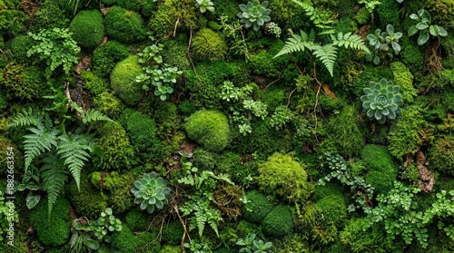 Seamless green moss and fern vertical garden texture