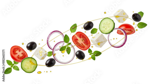 Vibrant floating Mediterranean salad components with fresh vegetables and cheese for a healthy culinary experience