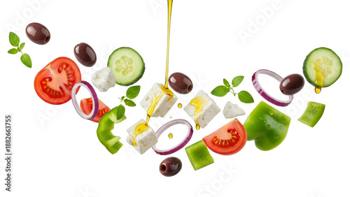 Dynamic Mediterranean salad ingredients including tomatoes cucumber peppers olives feta and basil with oil drizzle