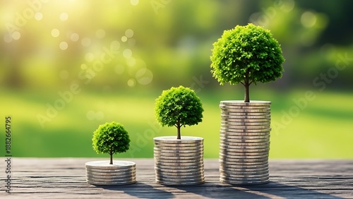 Three small green trees of increasing size grow from stacks of coins on a wooden surface, set against a bright, sunlit natural background, symbolizing financial growth and investment.