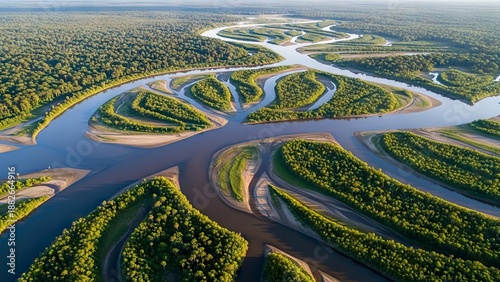Aerial view of a river delta with green islands and lush forest