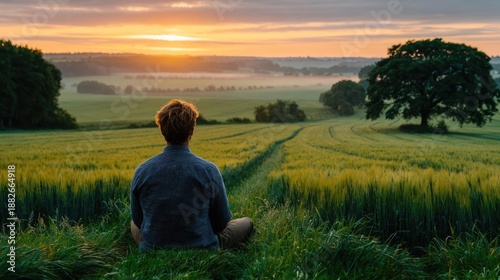 Young man breathes calmly amid greenery concept. A person meditating peacefully in a serene sunset landscape.