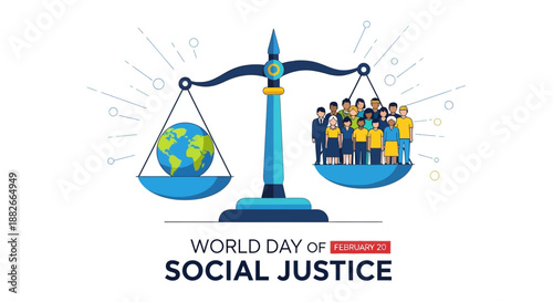 Global equality depicted on World Day of Social Justice with scales balancing Earth and diverse community