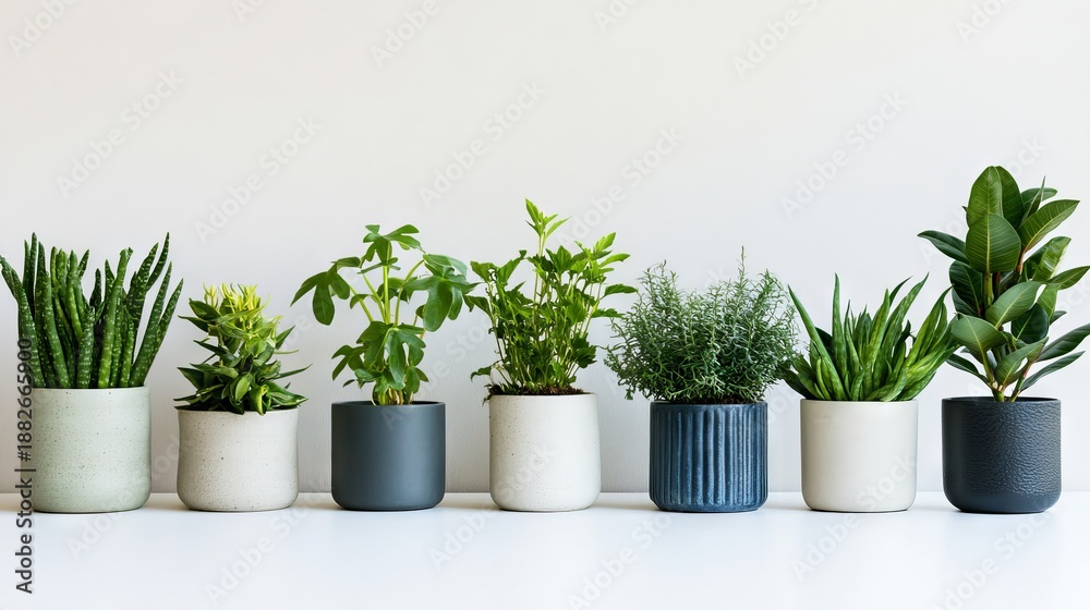 Obraz premium 8.Minimalist arrangement of various indoor plants in modern ceramic pots, displayed on a white surface with soft natural lighting, creating a fresh and elegant home décor setting.