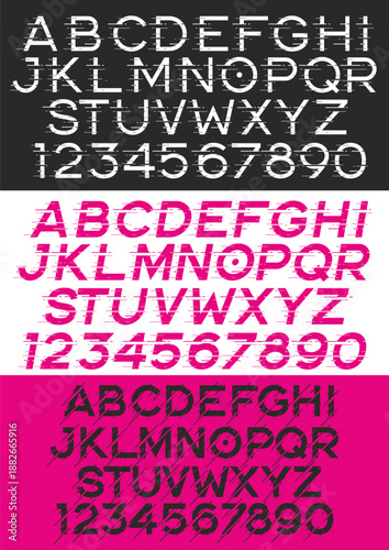 Glitch Effect Alphabet and Number Set. Vector Collection of Distorted Digital Typography in White, Pink, and Black for Cyberpunk, Gaming, and Techno Design