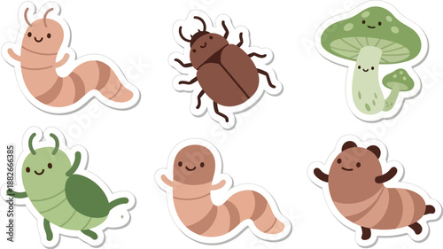 Cute cartoon caterpillars, a beetle, and smiling mushrooms are displayed as cheerful nature stickers on a white background.