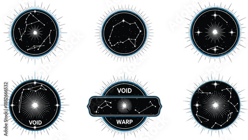Six circular emblems feature glowing constellations mapped onto a dark night sky background with radiating light rays and text labels like Void and Warp.