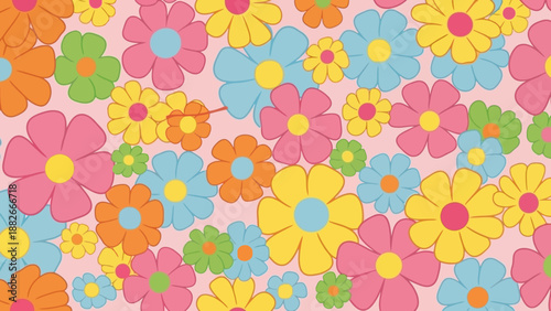 Retro Groovy Daisy Flowers Seamless Pattern Background, Vibrant Psychedelic Floral Illustration