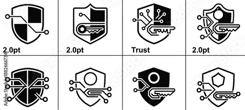 Eight variations of black and white shield icons incorporating digital circuit lines and key symbols representing cybersecurity and digital trust concepts.