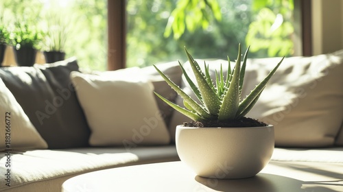 50.A stylish modern living room featuring a simple potted aloe vera succulent placed on a minimalist coffee table, complementing a neutral-toned sofa and soft natural light streaming in through the