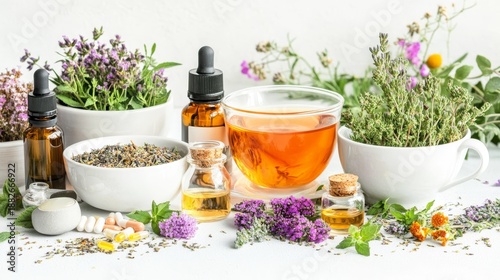 58.A neatly organized set of aromatherapy and homeopathy items, featuring vibrant healing herbs, tea cups, and homeopathic remedies, all arranged on a clean, white background for a fresh and natural