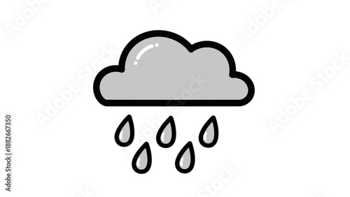 Stylized Gray Rain Cloud Illustration with Falling Raindrops, Simple Flat Design