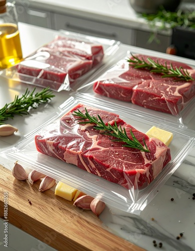 Fresh cuts of beef packed with herbs and butter on a wooden board in a kitchen setting