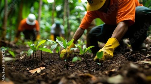 90.A serene scene of Malaysiaâ€™s reforestation efforts, with workers planting saplings in the lush, tropical environment, demonstrating the delicate balance between human effort and natureâ€™s