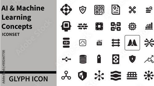 AI & Machine Learning Concepts glyph icon set. . AI technology icons for web and mobile app. Machine learning, digital AI technology, algorithm,