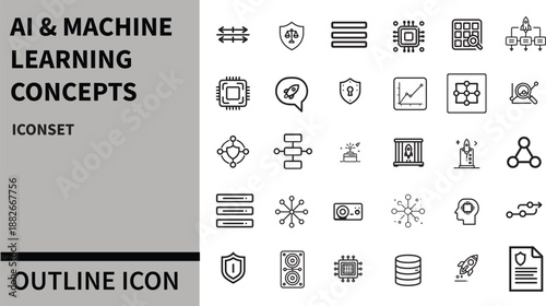 AI & Machine Learning Concepts Outline icon set. AI technology icons for web and mobile app. Machine learning, digital AI technology, algorithm,