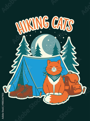 Cartoon orange cat with backpack sitting outside tent under moonlight.