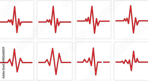 Eight distinct red heart monitor waveforms display varying degrees of cardiac activity across individual white squares for medical graphics.