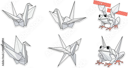 A collection of six origami paper crafts including cranes and frogs displayed with various folding stages and decorative tape elements.