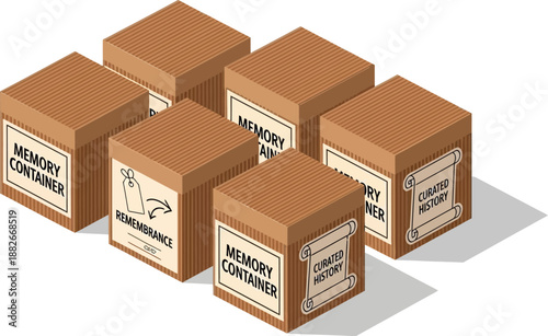 Isometric view of six brown cardboard memory storage boxes labeled for history and remembrance concepts on a white background.