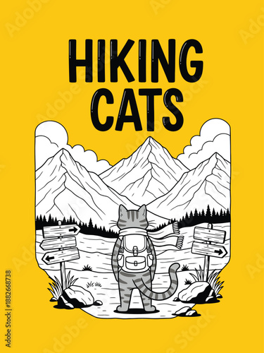 Cartoon cat hiking in the mountains with directional signs.