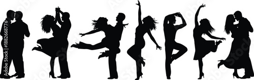 Dancing couples and solo dancers silhouettes showing men and women moving gracefully celebrating music rhythm passion energy social lifestyle concept illustration