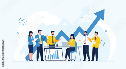 Business team analyzing financial growth with charts, successful corporate strategy meeting, upward arrow background, cad drawing flat vector illustration.