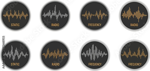 Eight circular badges display various sound wave patterns labeled with terms like static and frequency against a dark background.