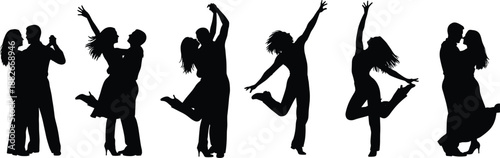 Dancing couples and solo silhouettes showing men and women jumping spinning and embracing with joy romance rhythm energy lifestyle celebration concept