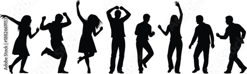 Dancing people silhouette group showing joyful freestyle movement, party energy, and expressive poses for music, nightlife, celebration, and lifestyle concept designs