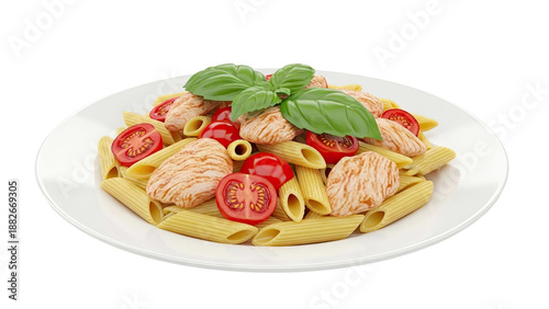 Penne pasta with grilled chicken, tomatoes, and basil on a white plate