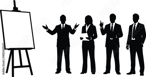Business team presentation silhouettes with easel, corporate meeting group, training seminar, blank board for text, cad drawing flat vector illustration.