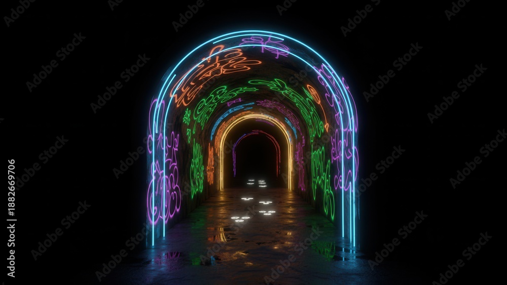 Fototapeta premium Vibrant neon illuminated digital pathway through an abstract colorful arched tunnel