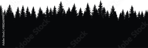 Dense pine forest silhouette panorama, evergreen tree line landscape background, wilderness and nature horizon concept, outdoor scenery, black and white minimal illustration