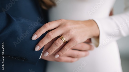 Couple holding hands with elegant wedding ring in intimate embrace