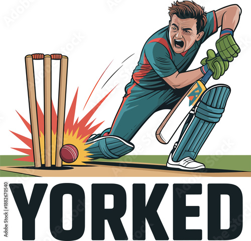 YORKER Bowled Out Vector: Cricket Batsman in Defensive Stance as Ball Strikes Stumps and Bails Fly in Dramatic Match Moment