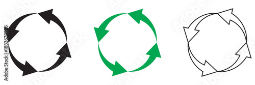Recycling Symbol Outline and Solid Icons. Recycling symbols in outline and solid styles, representing sustainability, waste management, and environmental protection concepts on white background.

