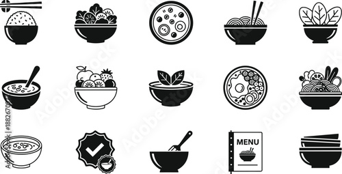 Food bowl silhouettes icon set with Asian meals, salads, soups and menu elements, restaurant cuisine symbols, black vector illustration isolated