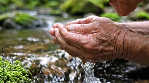 Senior Hands Cupping Fresh Water from Clean Mountain Stream