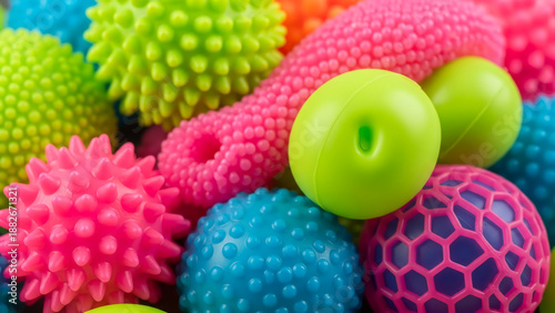 Wallpaper Mural A lively display of bright neon-colored textured balls and playful pet toys, showcasing a fun mix of spiky, bumpy, and smooth surfaces, perfect for sensory play Torontodigital.ca