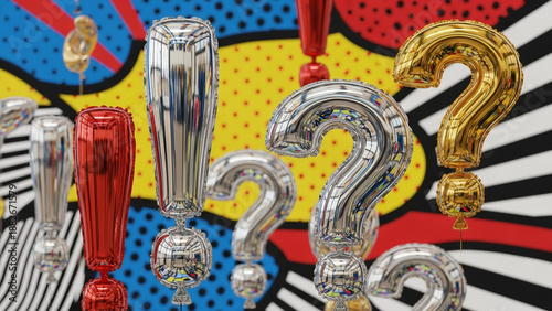 Wallpaper Mural Dynamic metallic question and exclamation mark balloons pop against a vibrant comic art background, symbolizing inquiry, emphasis, and the spirit of communication and thought Torontodigital.ca